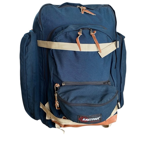Eastpak Travel Bag Carry On Backpack Zip Off Pack 4-1 Navy Blue Leather Handles - Picture 3 of 15